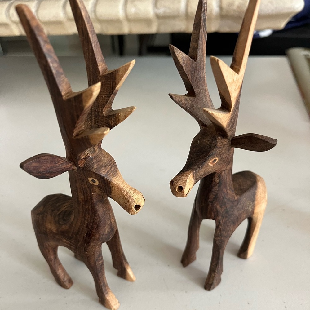 Wooden handmade reindeers or just deer. See condition below.  8” long-height